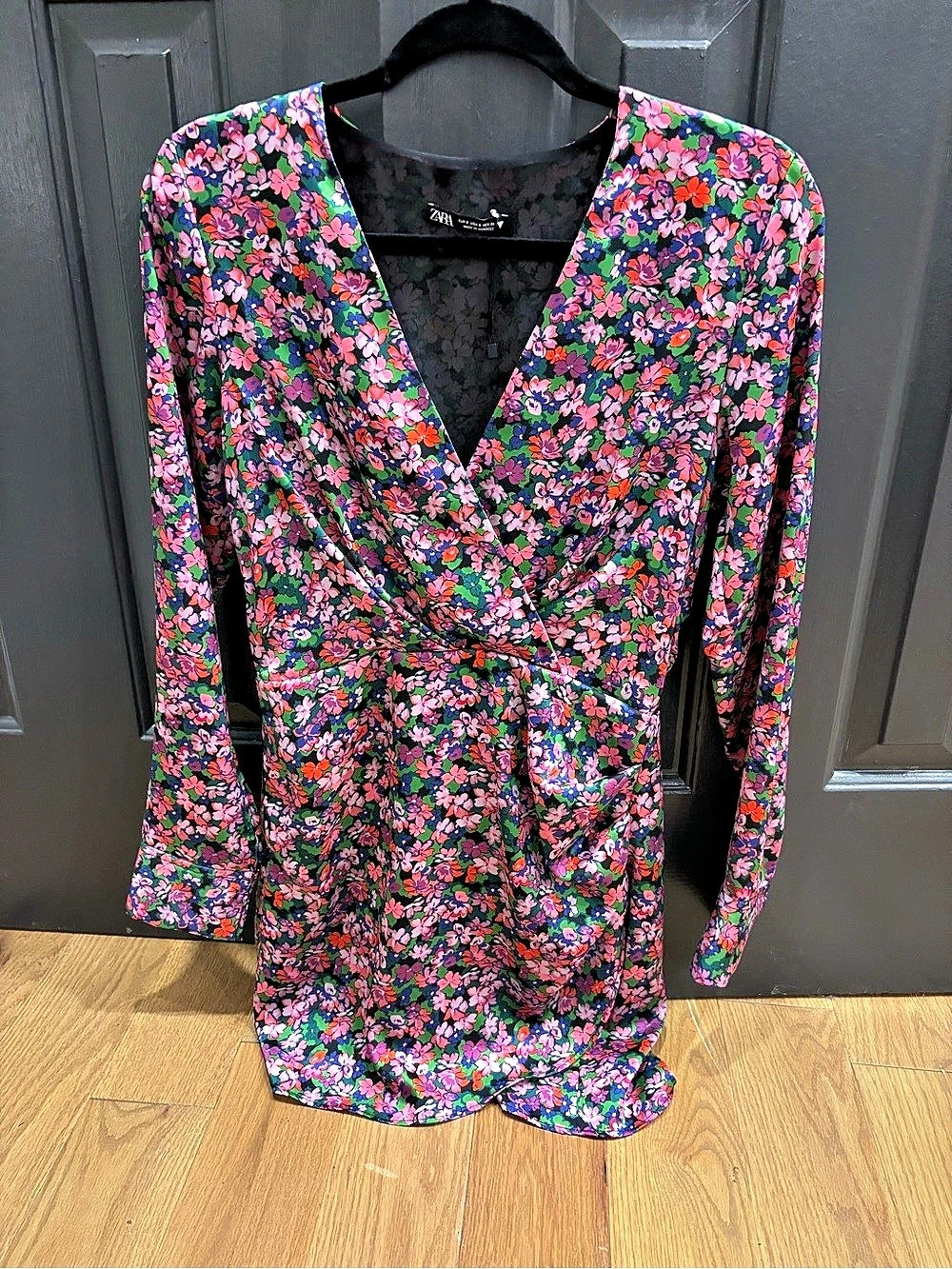 Zara Floral Long Sleeve Mini Wrap Dress in Black & Pink